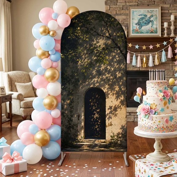 Arched Stone Doorway Arch Backdrop Covers 4 FT, Rustic Architectural Gold Sunlight Tree Shadow Stretchy Fitted Arched Stand Covers Party Arch Stand Cover Photo Booth for Wedding Birthday Decor