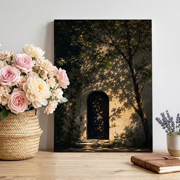 Arched Stone Doorway Canvas Wall Art for Living Room, Rustic Architectural Gold Sunlight Tree Shadow Poster Print Painting for Bedroom Office Home Decoration Wall Pictures Prepare To Hang 8"x12"