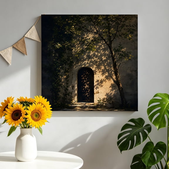 Arched Stone Doorway Canvas Wall Art, Rustic Architectural Gold Sunlight Tree Shadow Pictures Wall Decor Wooden Framed Artwork Art Prints for Living Room Hallway Bedroom Office 8"x8"