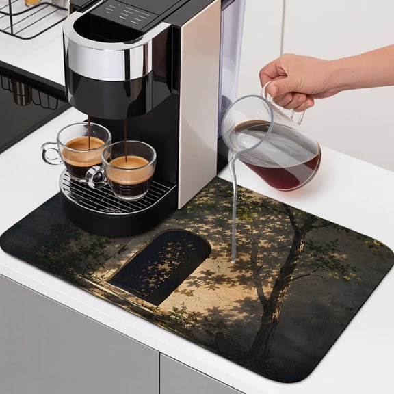 Arched Stone Doorway Dish Drying Mats for Kitchen Counter, Rustic Architectural Gold Sunlight Tree Shadow Absorbent Coffee Bar Mat with Non-slip Rubber Backed Quick Drying Dish Rack Pad 12"x16"
