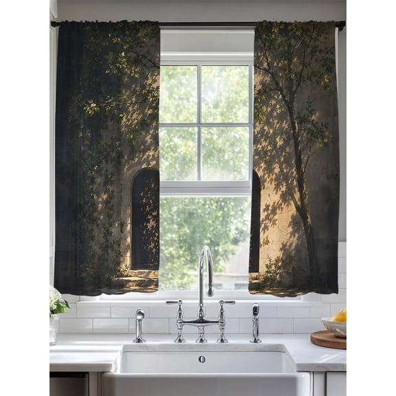 Arched Stone Doorway Sheer Curtains 72 inches Long, Rustic Architectural Gold Sunlight Tree Shadow Light Filtering Sheer Window Curtains Rod Pocket Voile Drapes for Bedroom Living Room, 2 Panels