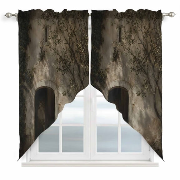 Arched Stone Doorway Swag Curtain Valance for Windows, Rustic Architectural Brown Leaf Tree Shadow Window Treatments Short Swag Topper for Kitchen Windows Bathroom Bedroom, 36"x63"