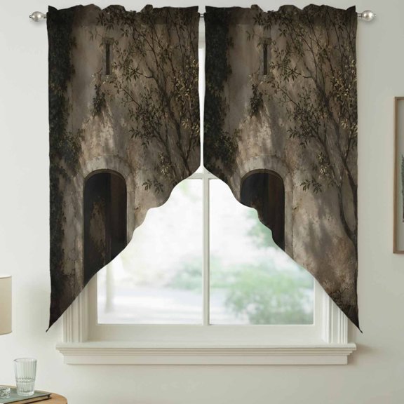 Arched Stone Doorway Swag Kitchen Curtain Valances, Rustic Architectural Brown Leaf Tree Shadow Rod Pocket Curtains Window Treatment Decor Valances for Bedroom Bathroom, 2 Panels 36 x 63 Inch
