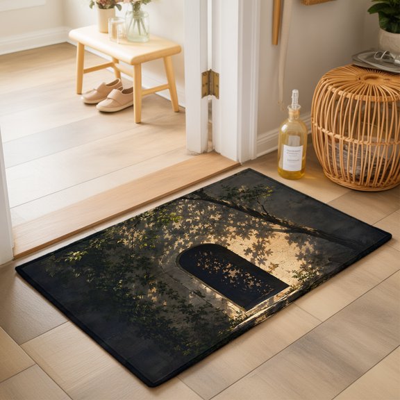 Arched Stone Doorway Washable Small Entryway Area Rugs 2'x3', Rustic Architectural Gold Sunlight Tree Shadow Washable Throw Rug Non-Slip Sturdy Edge Binding Carpet for Front Door Floor Room Entry