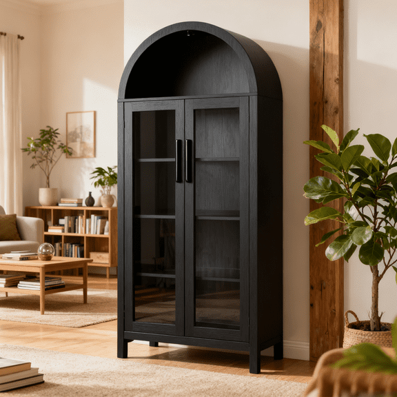 Arched Storage Cabinet with Light, Adjustable Glass Shelves Display Curio Cabinet, Modern Farmhouse Multi-Purpose Cupboard for Kitchen, Living Room, Hallway in Black