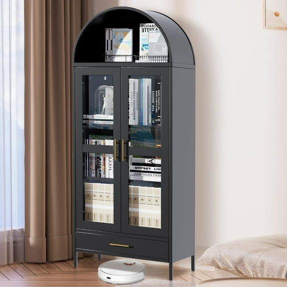 Arched Storage Cabinet, Modern Storage Cabinet with Drawer and Glass Door, Accent Furniture for Living Room, Kitchen, Dining Room, Entryway