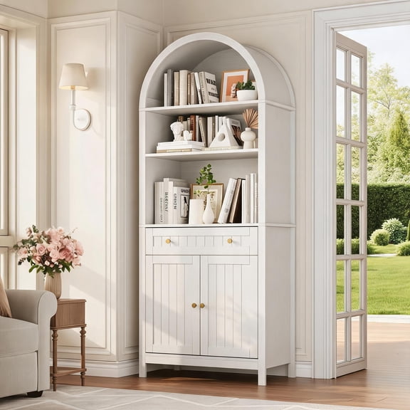 Arched Storage Cabinet with Adjustable Shelves, Freestanding Display Bookcase, Farmhouse Style