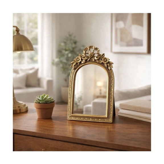 Arched Table Mirror for Bedroom and Bathroom Vanity Mirror with Resin Frame for Makeup or Desk Use in Office Setting Decorative Framed Mirror for Small Display and Vintage Style 10", Gold