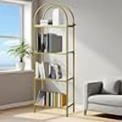 71 in Arched Tall Bookcase, 4-Tier Narrow Freestanding Display Shelf with Metal Frame, X-Frame Support, Anti-Tip Kit, 11 in Depth, White+Gold