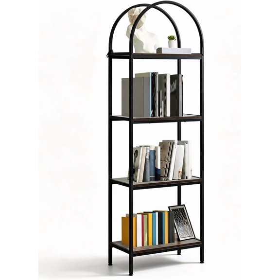 71 in Arched Tall Bookcase, 4-Tier Narrow Freestanding Display Shelf with Metal Frame, X-Frame Support, Anti-Tip Kit, 11 in Depth, White+Gold
