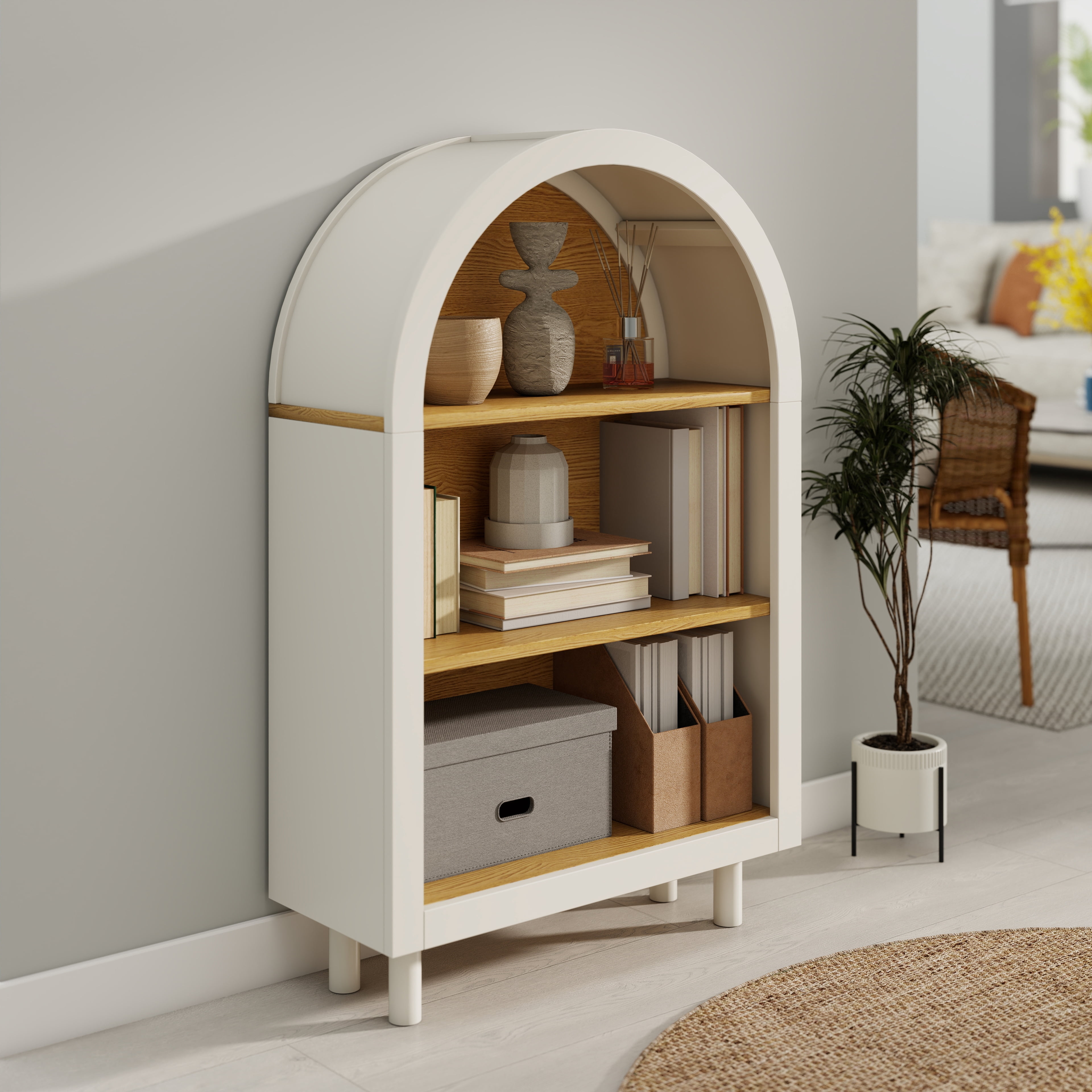 Arched Top Bookshelf, 3-Tier Open Storage Shelf with Two-Tone Finish, Solid Wood Legs Freestanding Display Rack for Living Room Bedroom Entryway