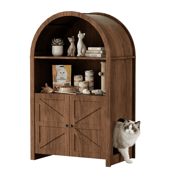 Arched Top Cat Litter Box Enclosure, Rustic Wooden Hidden Cat Washroom Furniture with Barn Doors & Open Shelves, 50.6" Tall Multi-Purpose Cat House Storage Cabinet for Indoor Cats, Walnut Brown