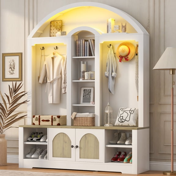 Arched Top Entryway Storage Cabinet with Built-in LED Light, Multi-Purpose MDF Hall Tree with Garment Hooks, Shoe Shelves and Closed Storage Doors for Foyer Decor