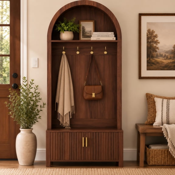 Arched Top Hall Tree with Bench and Shoe Storage, 70.3" Coat Rack with 4 Metal Hooks and 2 Fluted Doors, Farmhouse Entryway Organizer for Mudroom Hallway, Walnut