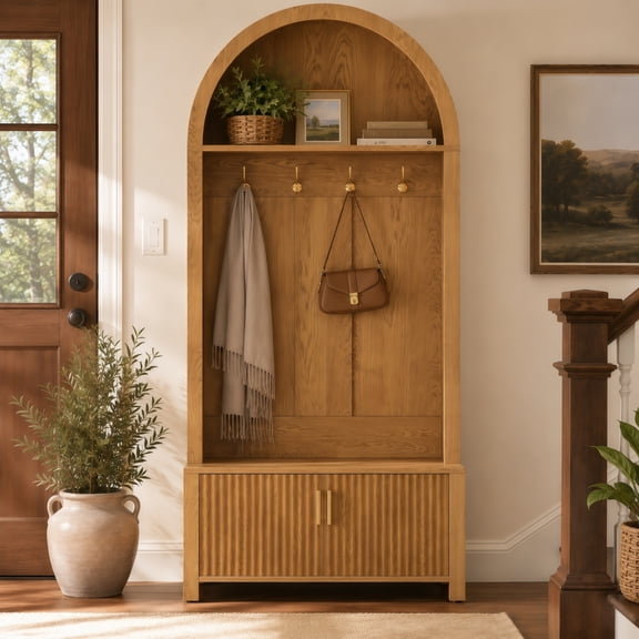 Arched Top Hall Tree with Bench and Shoe Storage,mudroom bench with storage,70.3"Arch Coat Rack with 4 Metal Hooks and 2 Fluted Doors,Farmhouse Style Furniture Organizer for Mudroom, Entryway, Hallwa