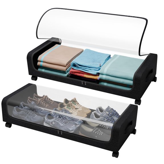 Arched Under-Bed Storage Box with Wheels, Large Capacity Rolling Storage Bin with Clear Window and Handles for Clothes, Toys, Shoes, Blankets, Black 2-Pack