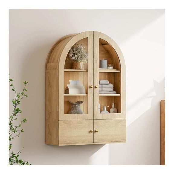 Arched Wall Cabinet, Bathroom Medicine Cabinet with Glass Doors & Adjustable Shelves, Floating Storage Cabinet for Wall Over The Toilet Storage Cabinet Space Saver, Natural