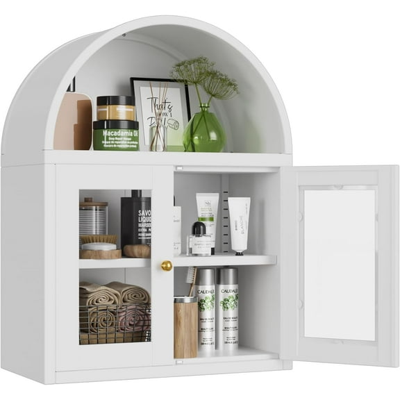 Arched Wall Cabinet, Bathroom Wall Mounted Cabinet with Glass Display Doors, Adjustable Shelves for Bathroom, Living Room, Dining Room, Laundry, Kitchen
