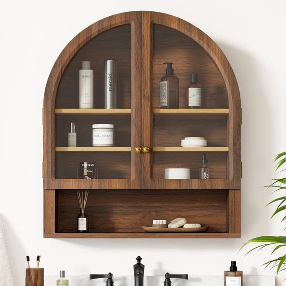 Arched Wall Cabinet, Floating Bathroom Medicine Cabinets, Modern Storage Cabinet with Acrylic Door and Open Shelf, Wall Mounted Storage Organizer for Bathroom, Laundry Room, Brown