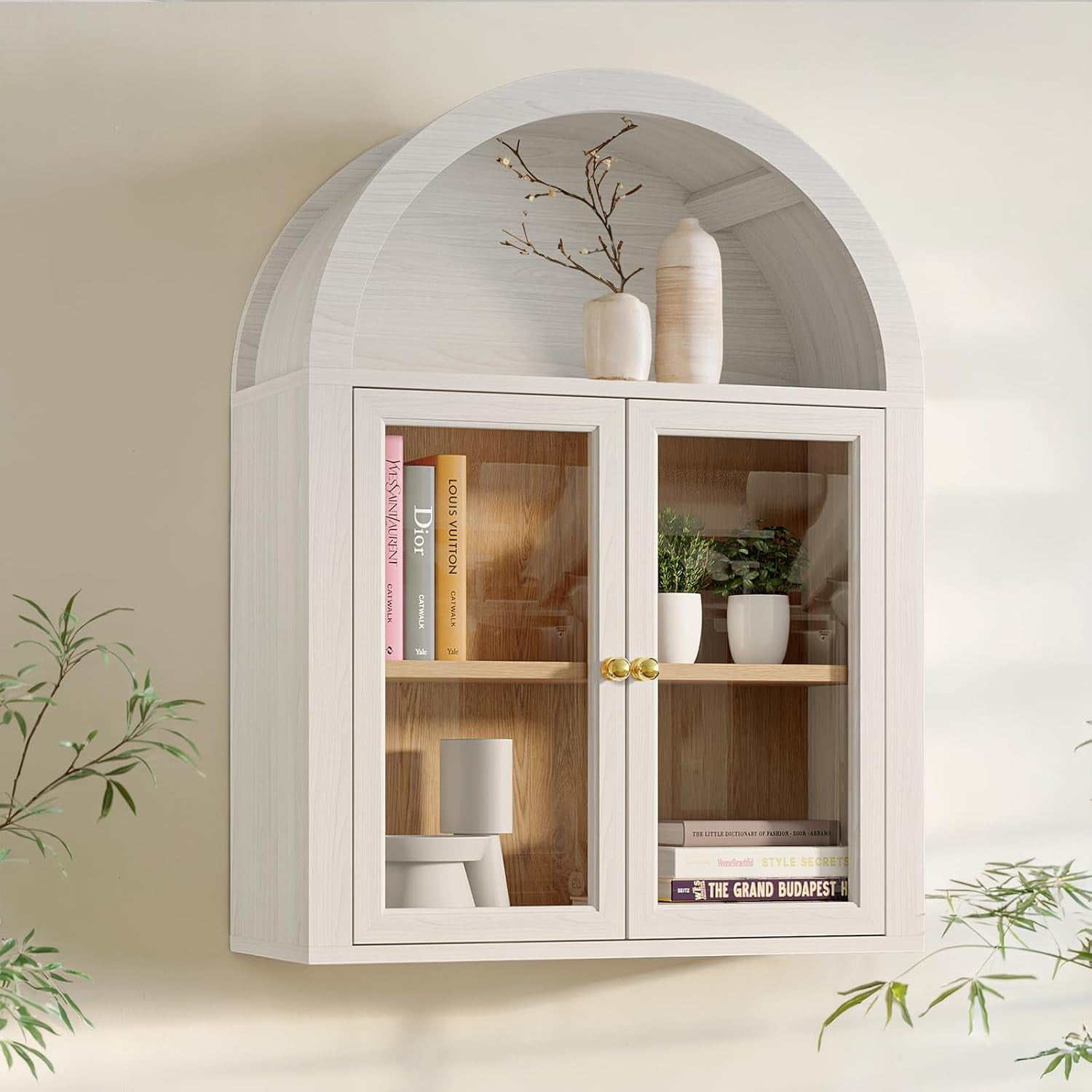 Arched Wall Cabinet,Glass Display Wall Mounted Cabinet with Tempered ...