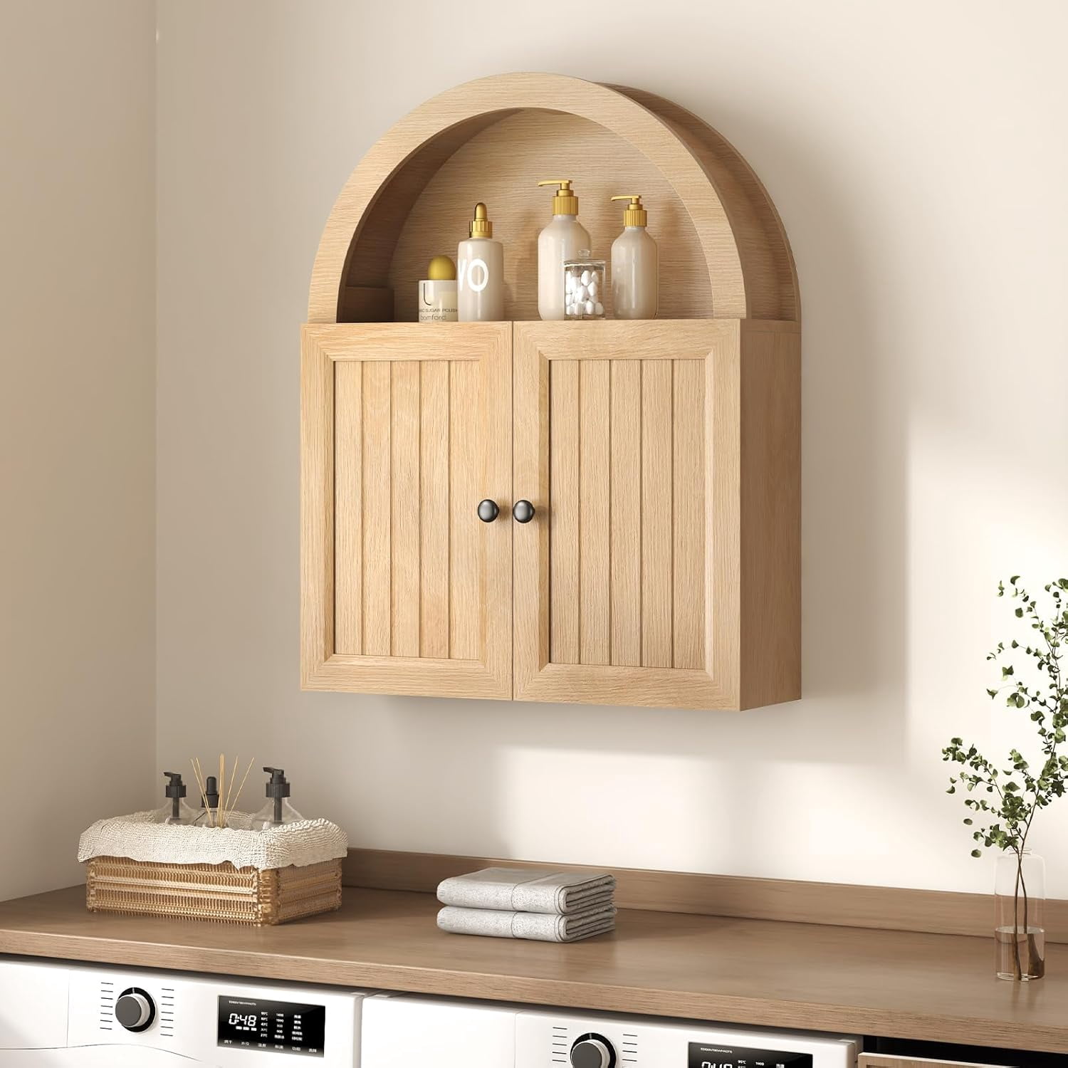 Arched Wall Cabinet, Wall Mounted Cabinets with Grille Door and Adjustable Shelf for Bathroom Laundry Room Kitchen, Oak