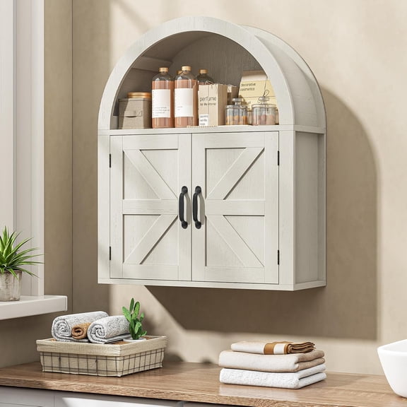 Arched Wall Cabinet with Barn Door and Adjustable Shelf Rustic White 23.6 x 28.7 Inches