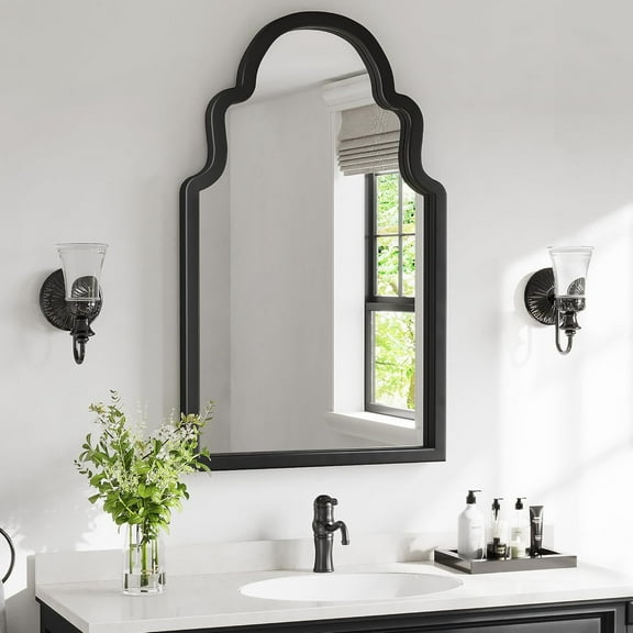 40"24" Classic Arched Top Wall Mirror, Black Solid Wood Frame, Decorative Accent Mirror for Bathroom, Mantle, Entryway, Living Room