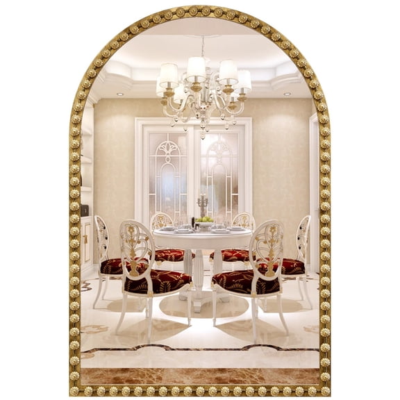 Arched Wall Mirror, Gold Beaded Metal Framed Decorative Mirror, Vintage Arch Mirror for Bathroom Bedroom Living Room Entryway Wall Decor