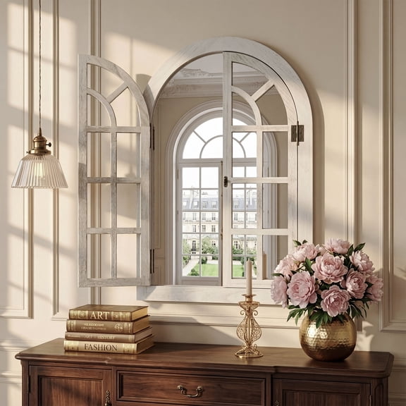 Arched Wall Mirror Window Wood Frame Mirrors Farmhouse Decor for Bedroom Single Piece x1, 20"x30", White