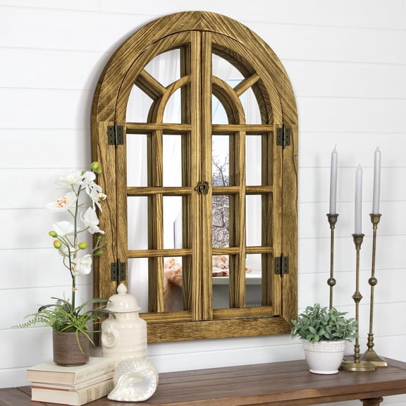 Arched Wall Mirror Window Wood Frame Mirrors Farmhouse Decor for Bedroom Single Piece x1, 24"x36", Natural
