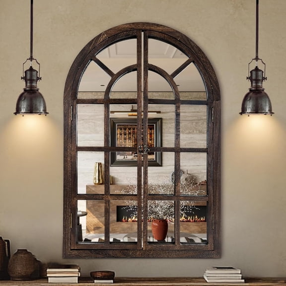Arched Wall Mirror with Window Pane Design 38 x 26 Inch Rustic Farmhouse Wood Decorative Mirror for Living Room Bedroom Entryway