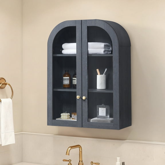 Arched Wall Mounted Bathroom Cabinet Over Toilet, Wood Medicine Cabinet with Glass Doors & Adjustable Shelf, Floating Storage Cabinet for Bathroom, Kitchen, Laundry, Bedroom, Black