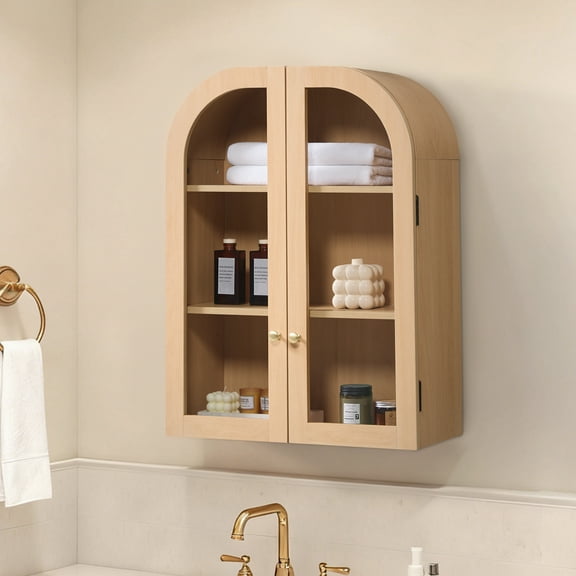 Arched Wall Mounted Bathroom Cabinet Over Toilet, Wood Medicine Cabinet with Glass Doors & Adjustable Shelf, Floating Storage Cabinet for Bathroom, Kitchen, Laundry, Bedroom, Natural Wood