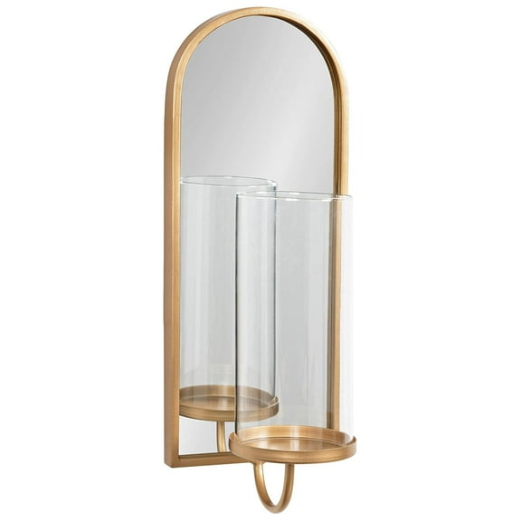 Arched Wall Sconce - Modern Decorative Candle Holder, 6x5x16, Metal Frame with Mirror, Removable Glass Cylinder, Easy Hang Keyhole, Contemporary Home Decor Gold