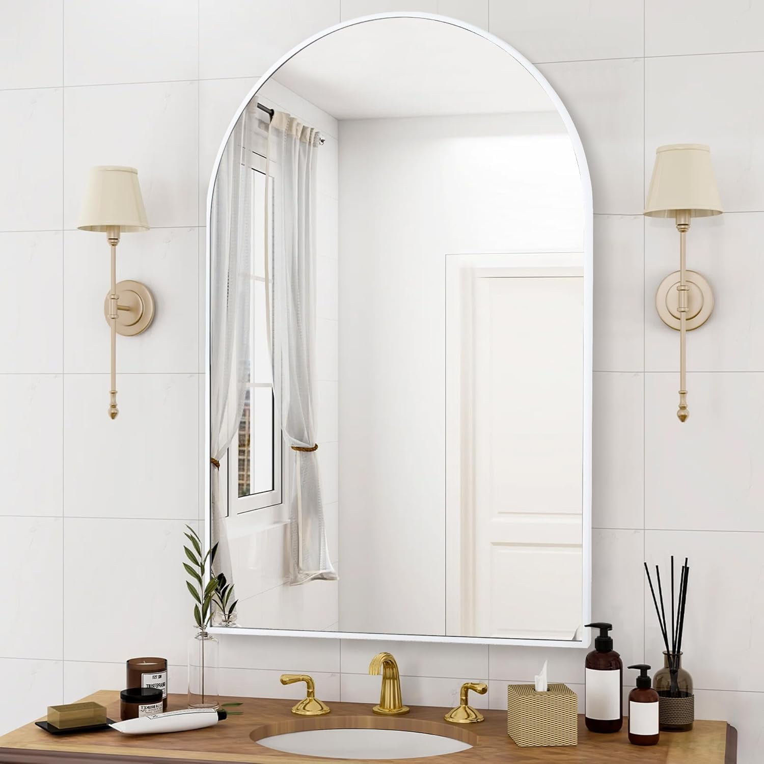 White Arched Metal Frame Bathroom Vanity Mirror 24" x 36"