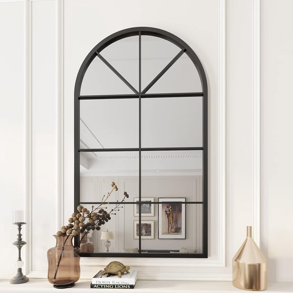 Arched Window Mirror, 41.3"x24" Grid Arch Mirror, Black Metal Windowpane Mirrors for Living Room Fireplace Entryway Bedroom Hallway Decor