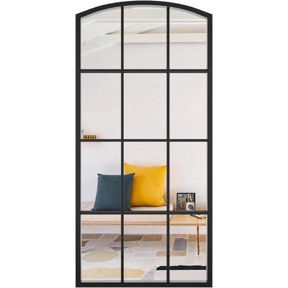 Arched Window Mirror, Arch Windowpane Mirror, Matte Black Window Pane Mirrors, Grid Frame Decorative Wall Mirrors for Living Room, Entryway, 24"x 48"