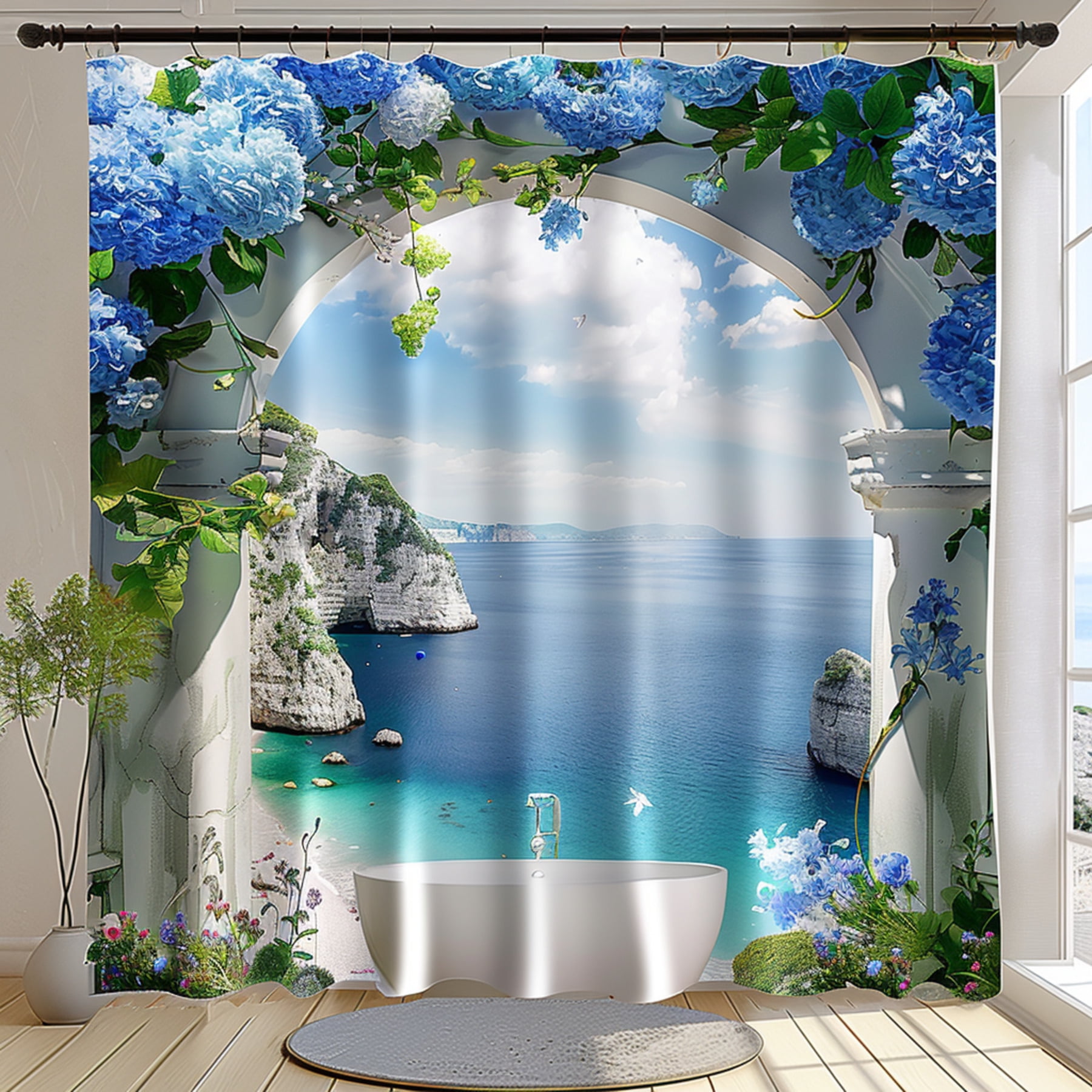 Arched Window Ocean View Shower Curtain with Blue Sea White Rocks and