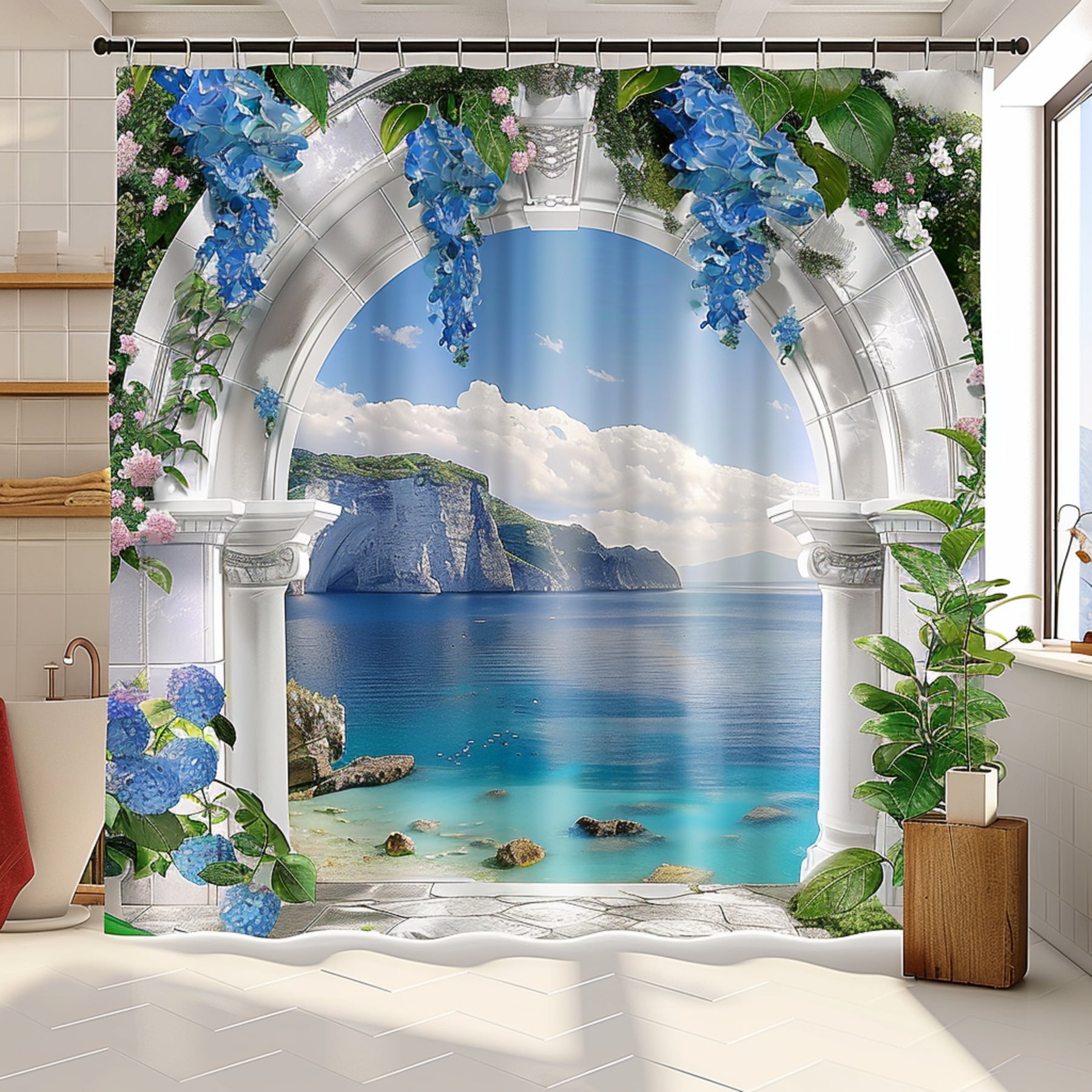 Arched Window Ocean View Shower Curtain with Blue Sea White Rocks and
