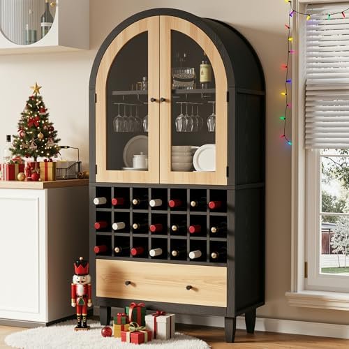 Arched Wine Bar Cabinet with 2 Glass Doors, Liquor Cabinet Wine Cabinet with Stemware Holders and Modular Wine Rack Storage for Home Bar, Dining Room, Kitchen, Living Room, Entryway$$Furniture