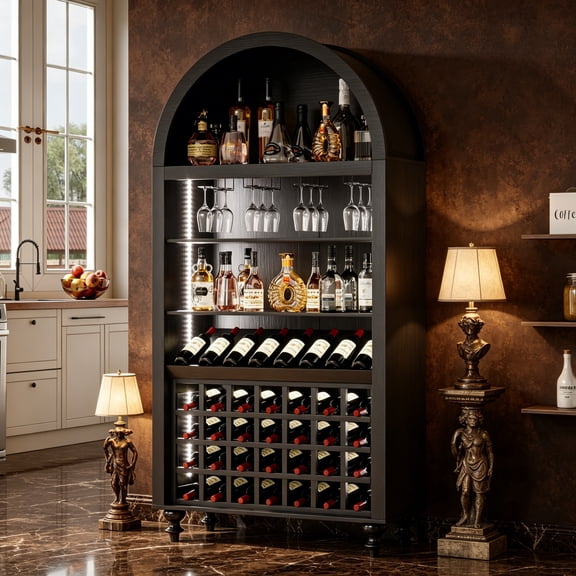 Arched Wine Bar Cabinet with LED Lights, 71" Tall Liquor Cabinet with 4 Glass Holders & Wine Rack, Alcohol Display Storage Cabinet for Living Room, Kitchen Pantry, Dining Room, Black