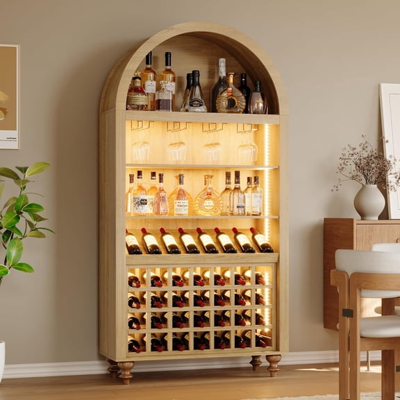 Arched Wine Bar Cabinet with LED Lights 71" Tall Natural Oak