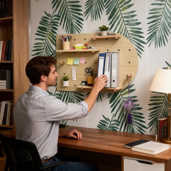 Arched Wood Pegboard Shelf - 16 x 24 Inch Boho Wall Shelf with Wooden Pegs & Dividers, Natural Wall Decor for Home Office Nursery Decor, Floating Shelf & Storage Organizer (Log Color)