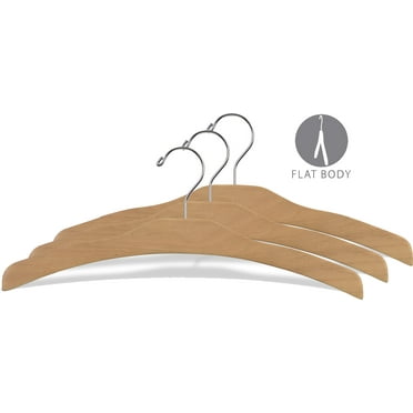 Arched Wood Top Hanger, Box of 25 Space Saving 17 Inch Flat Wooden Hangers w/ Natural Finish & Chrome Swivel Hook & Notches for Shirt Jacket or Dress by International Hanger