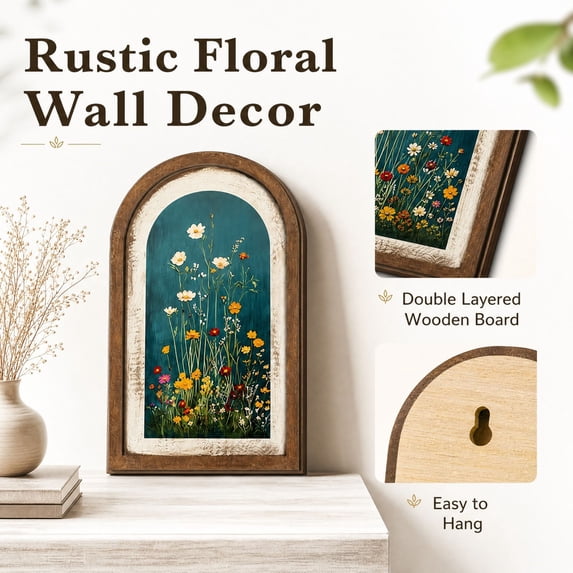 Arched Wooden Picture Frame with Painted Wildflower Art and Double-Layer Distressed Wood Design,for Living Room Shelf,Freestanding Tabletop Decoration