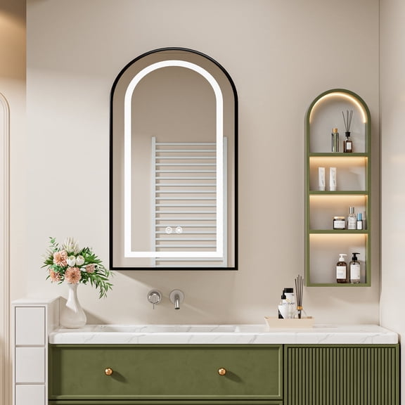 Arched medicine cabinet with lighting, LED medicine cabinet mirror and storage cabinet with defogging function, metal bathroom built-in medicine cabinet, dimensions: 15.7 x 31.5 inches, black.