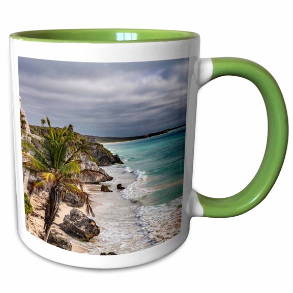 3drose, Archeological Zone of Mayan Port City Ruins in Tulum, Mexico, 11oz Two-tone Green Mug