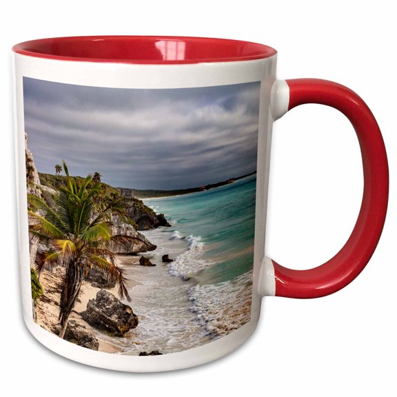 3drose, Archeological Zone of Mayan Port City Ruins in Tulum, Mexico, 11oz Two-tone Red Mug