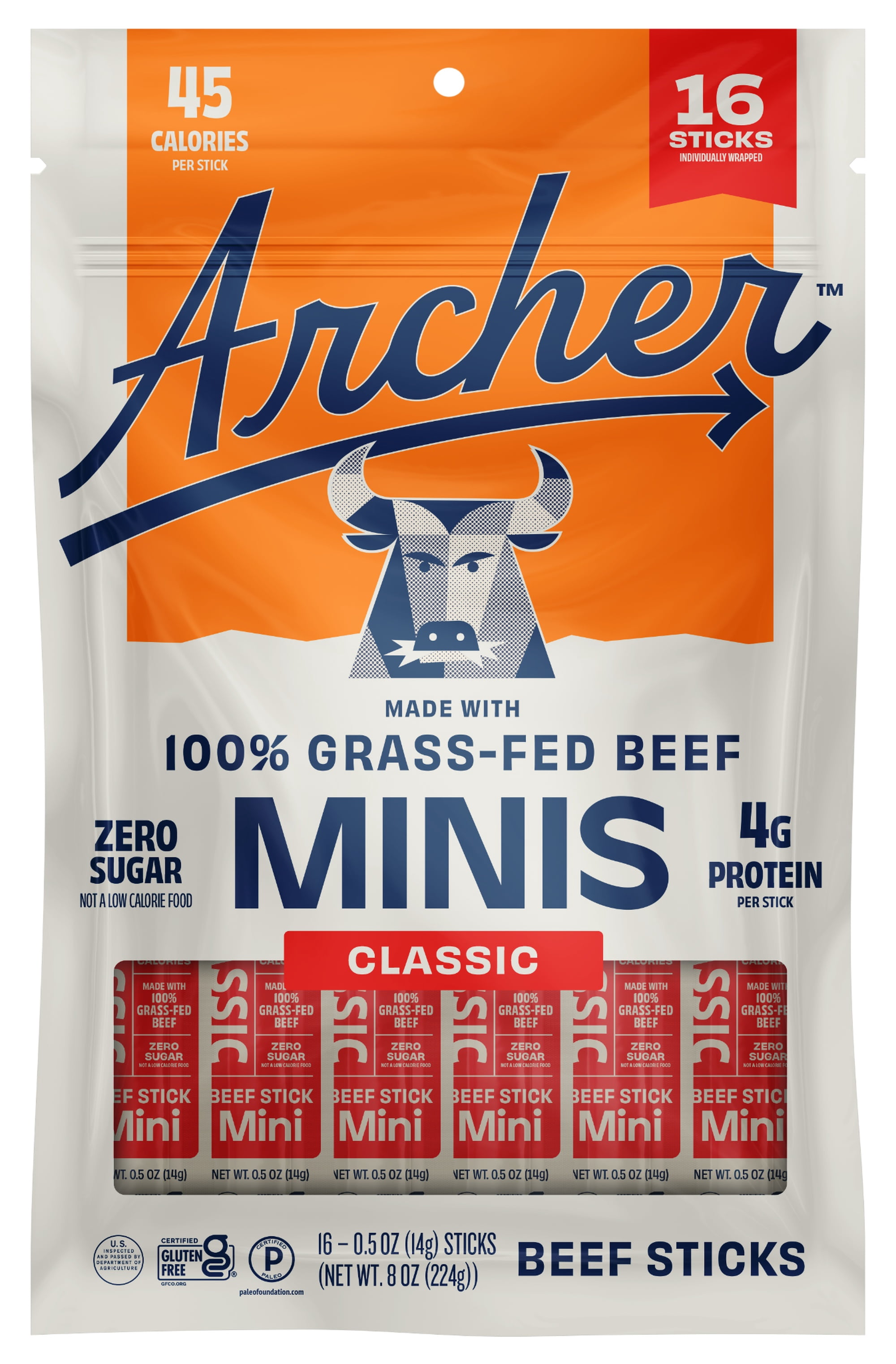 Archer Classic Beef Mini Jerky Sticks, 0.5 oz, 16 Count