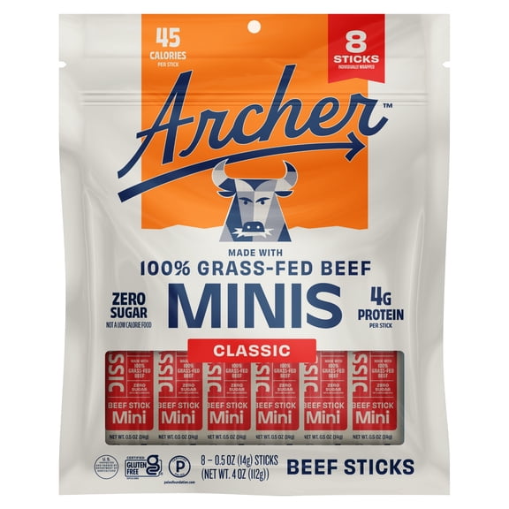 Archer Classic Beef Mini Jerky Sticks, 0.5 oz, 8 Count